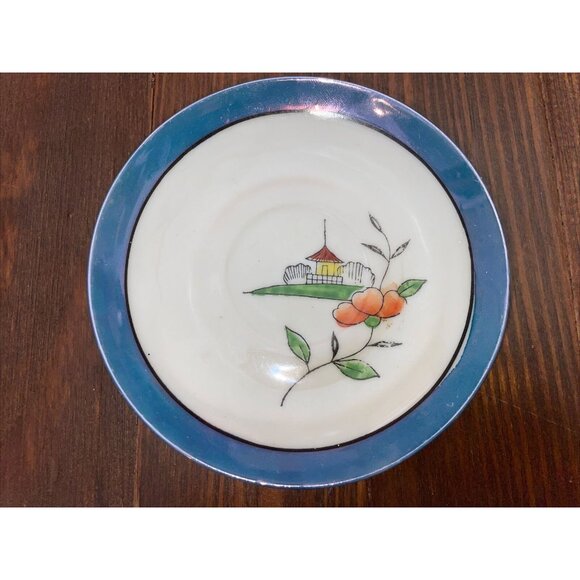 Vintage TT Takito Japan Hand Painted Lusterware Demitasse Cup Saucers Pagoda - Picture 4 of 10